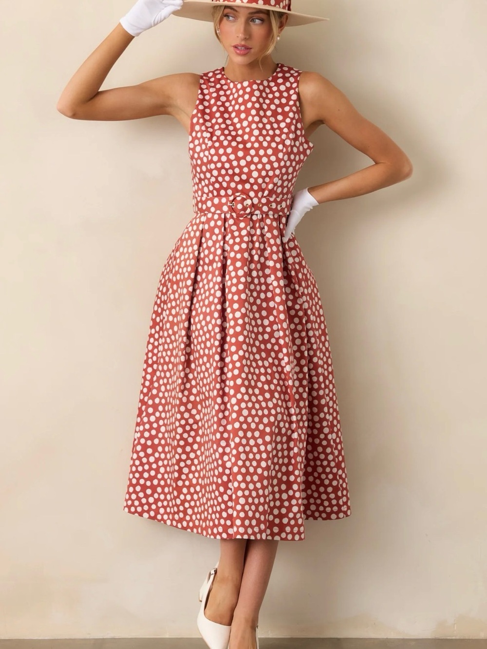 PROSPERINA AVA BRICK RED POLKA DOT COTTON MIDI DRESS